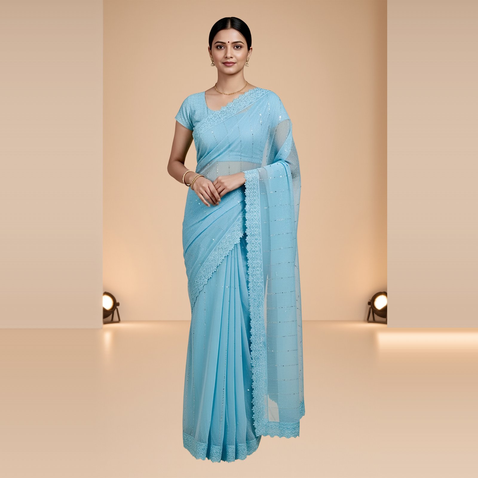 RAjLUXE Mid-Night Aqua Net Shimmer Party Wear Saree with Blouse Piece (Sky Blue)