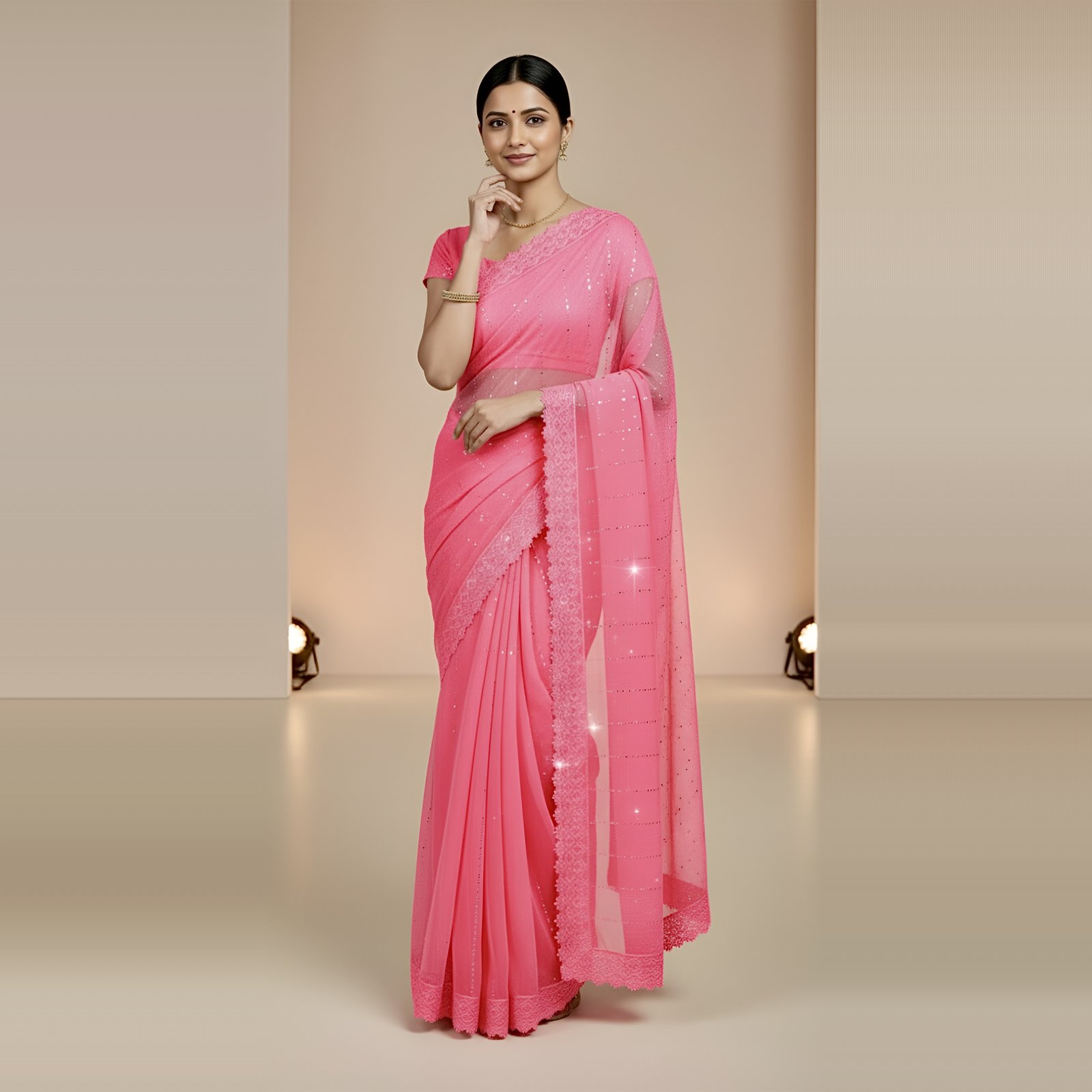 RAjLUXE Mid-Night Rose Net Shimmer Party Wear Saree with Blouse Piece (Pink)