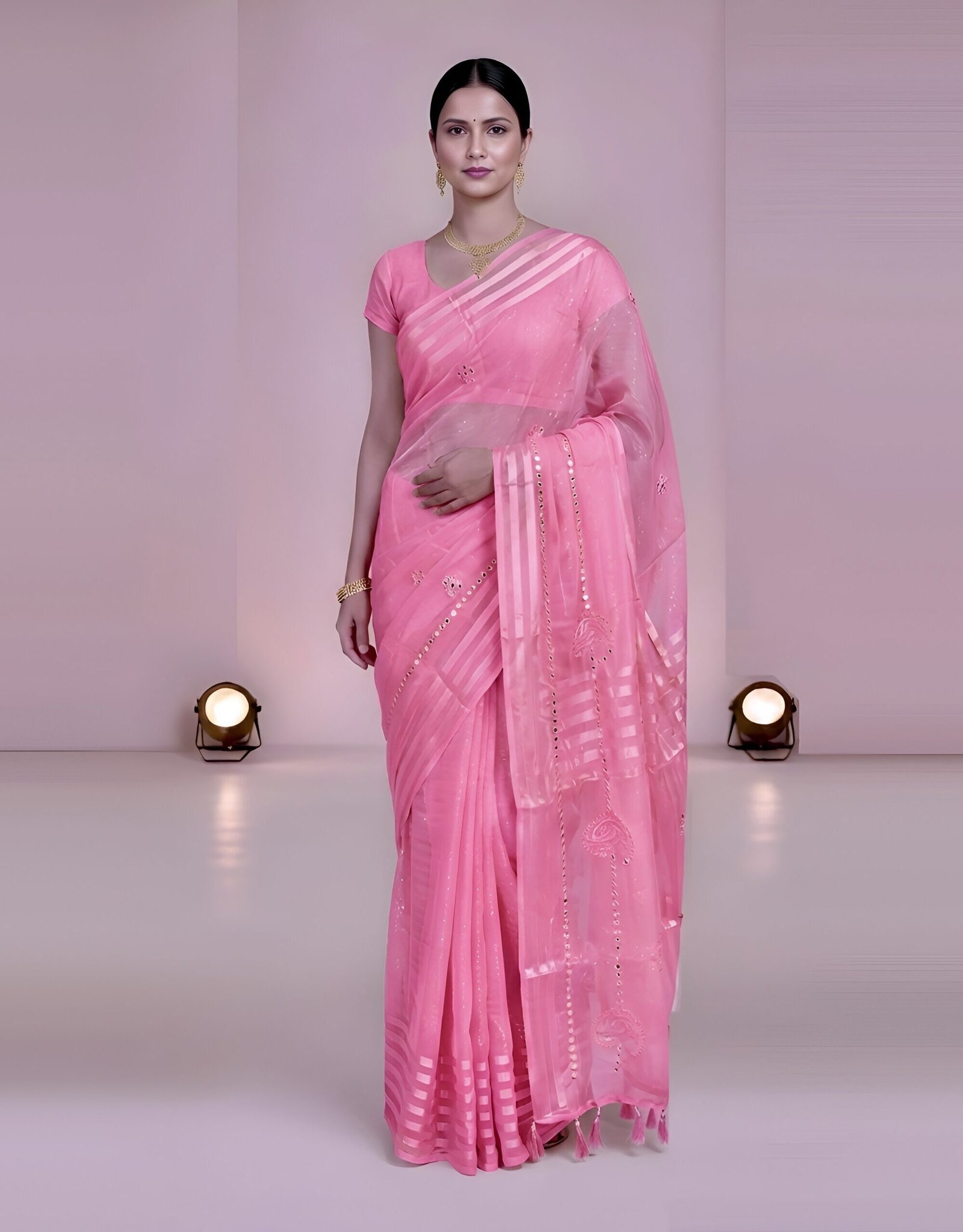 RAjLUXE Comfort Rose Chiffon Saree with Blouse Piece (Pink)