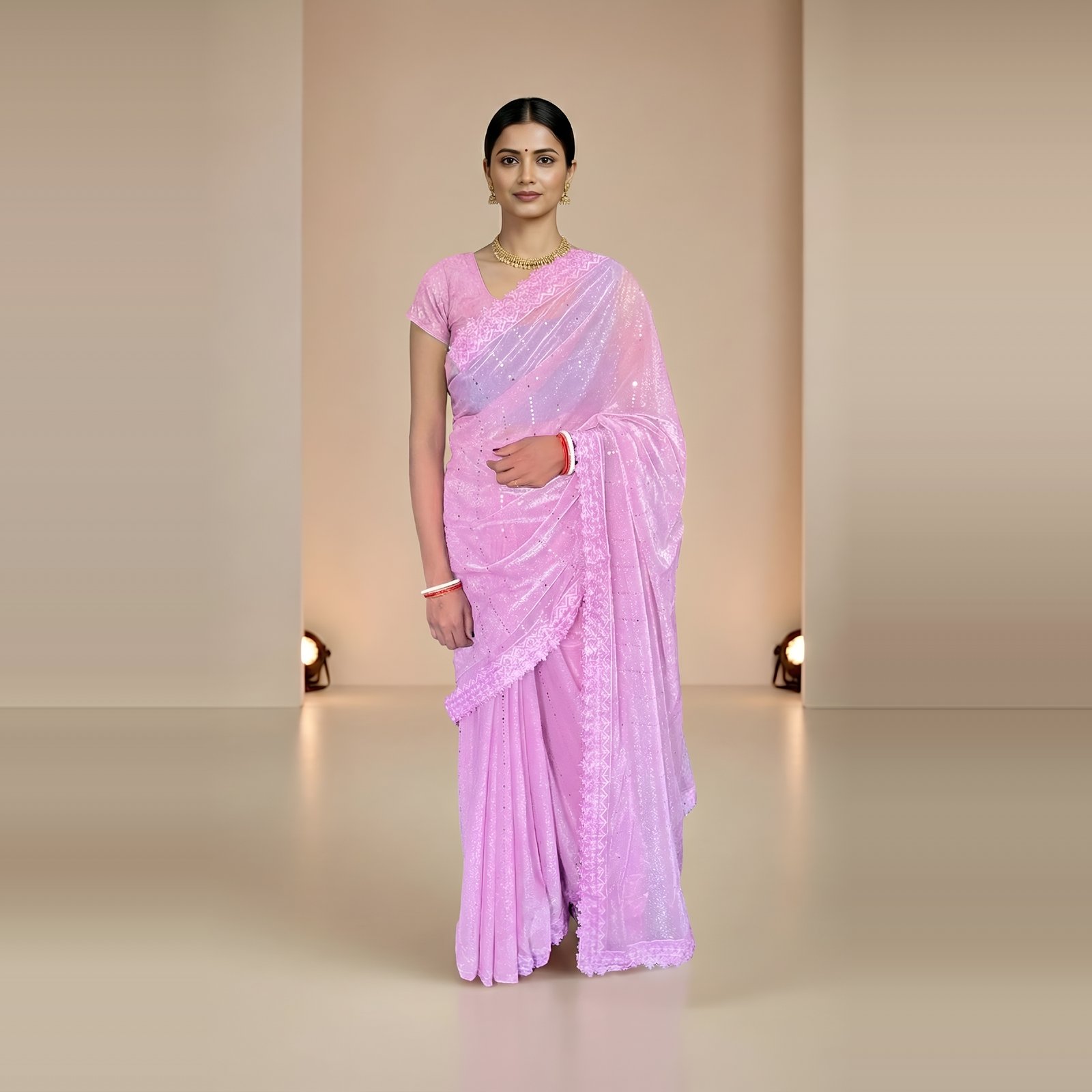 RAjLUXE Mid-Night Moon-Light Net Shimmer Party Wear Saree with Blouse Piece (Light Pink)