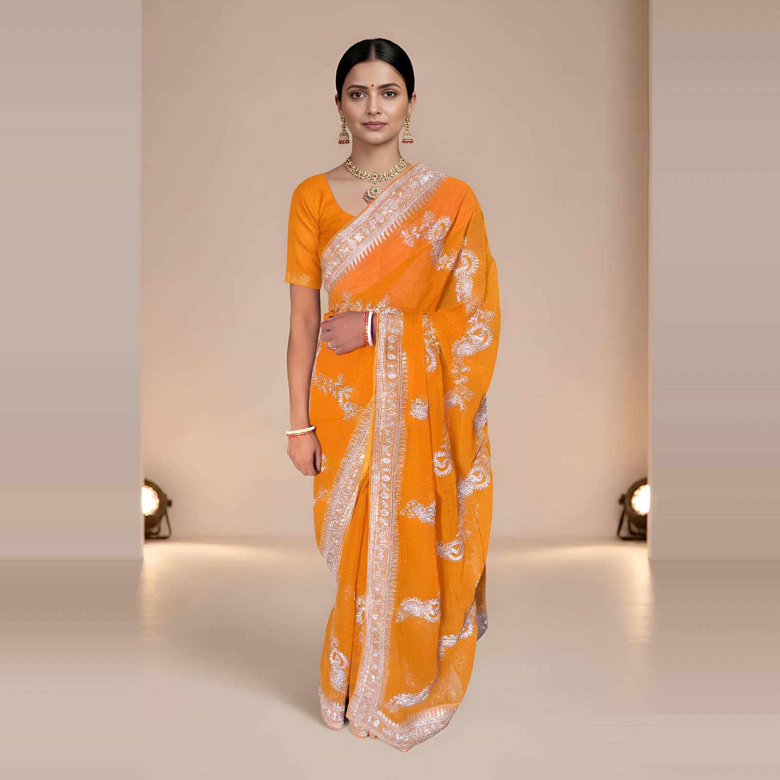 RAjLUXE Shringar Haldi Georgette Embroidered Saree with Blouse Piece (Yellow)